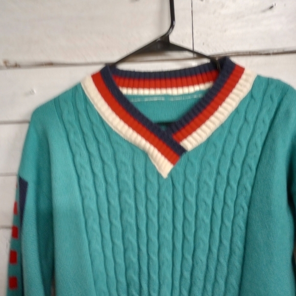 Stripe Sweater V Neck Women's Green Knit Long Sleeve Loose Casual Pullover Med - Picture 8 of 11